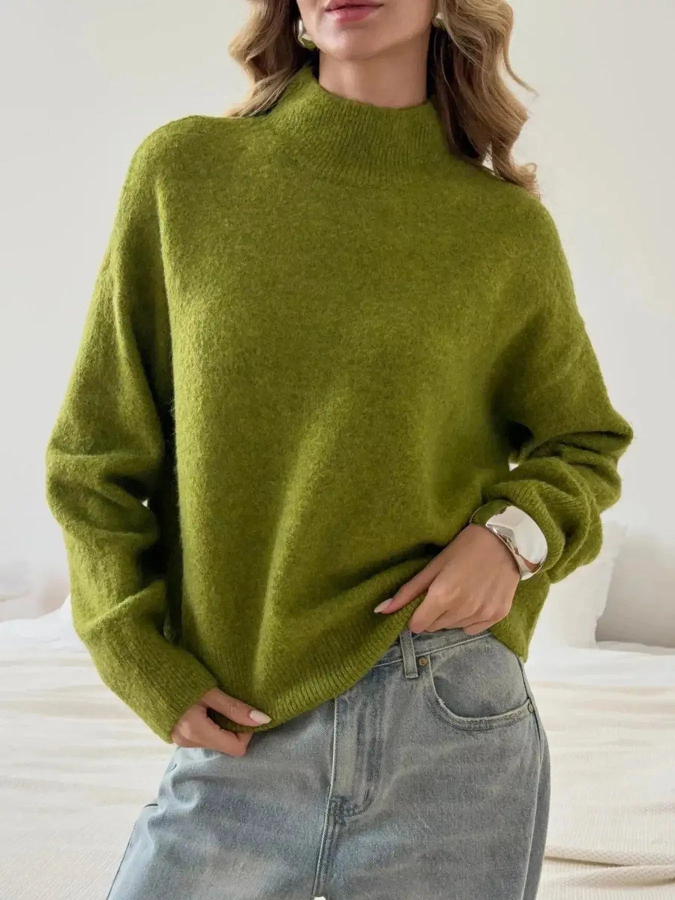Mock Neck Dropped Shoulder Sweater  Style Ratio