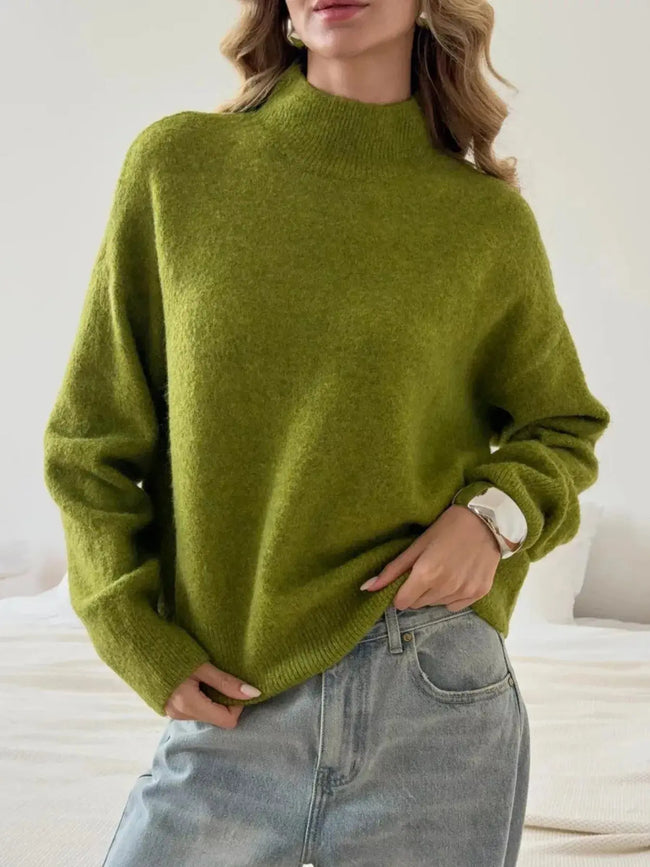 Mock Neck Dropped Shoulder Sweater  Style Ratio