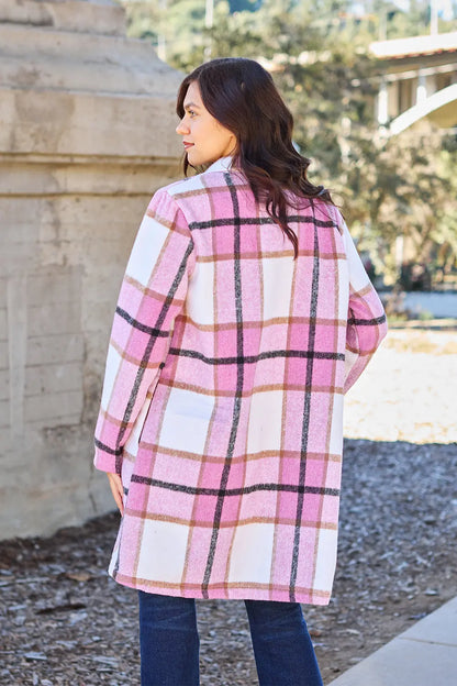 Double Take Plaid Button Up Lapel Collar Coat Trendsi