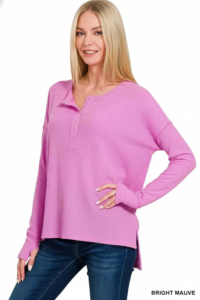 Zenana Waffle Thumb Hole Cuffs Henley Long Sleeve Shirt  Style Ratio