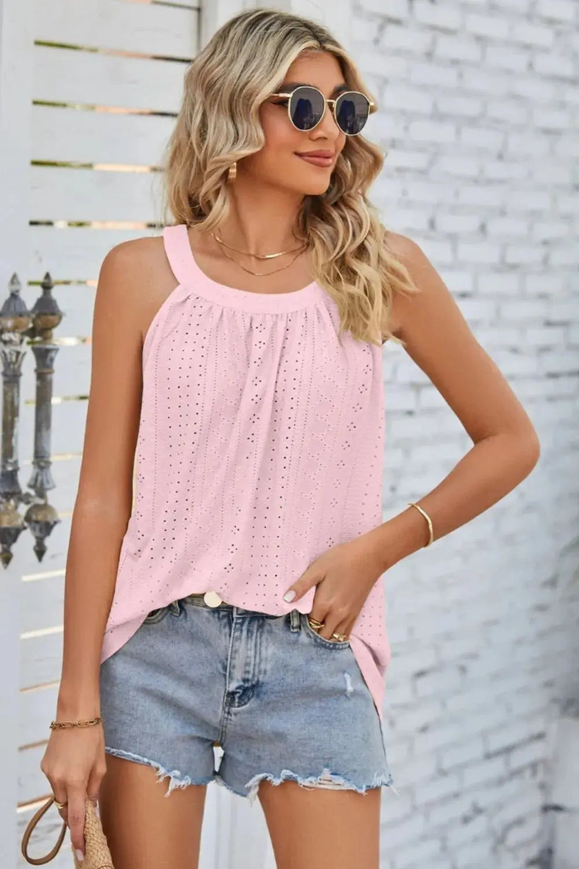 Openwork Round Neck Wide Strap Tank  Style Ratio