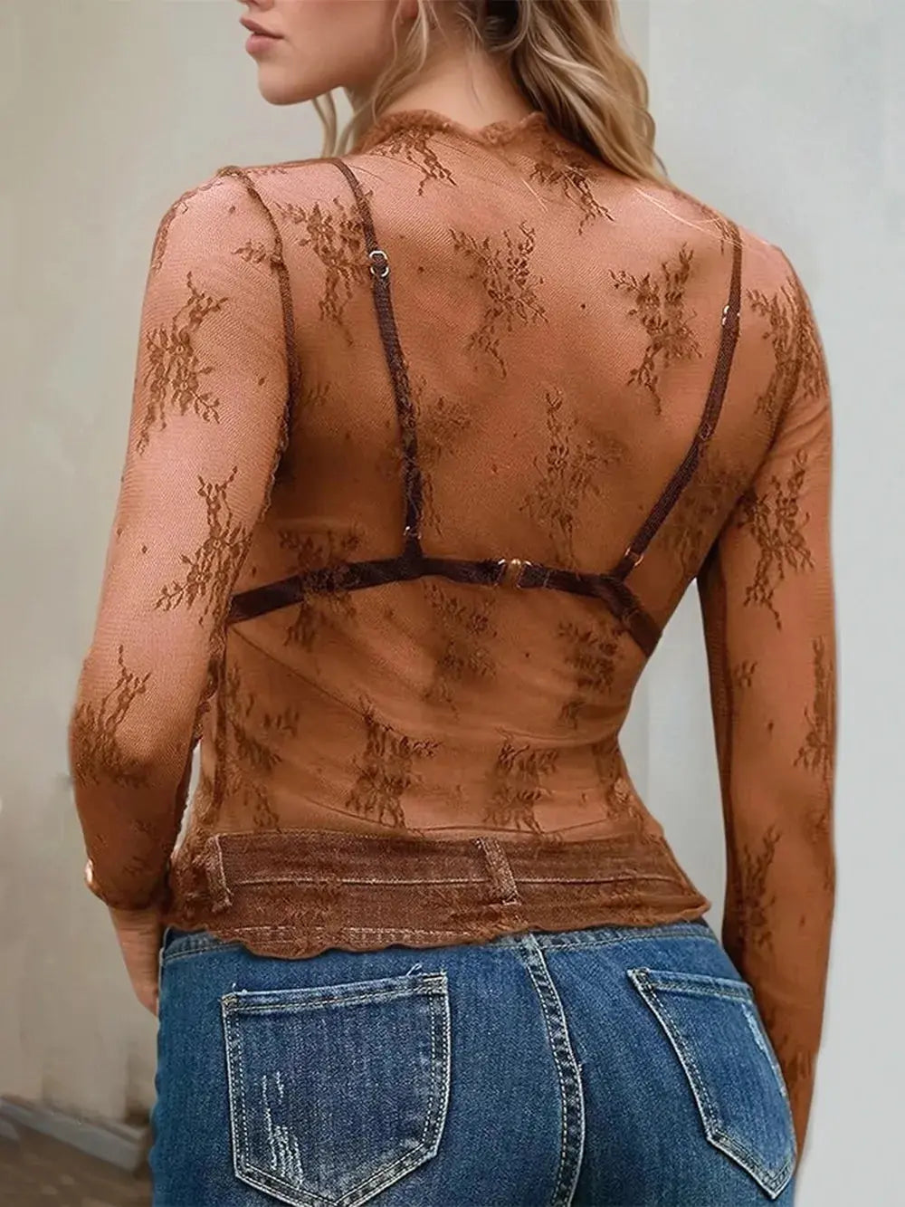 Floral Mock Neck Long Sleeve Mesh Top  Style Ratio