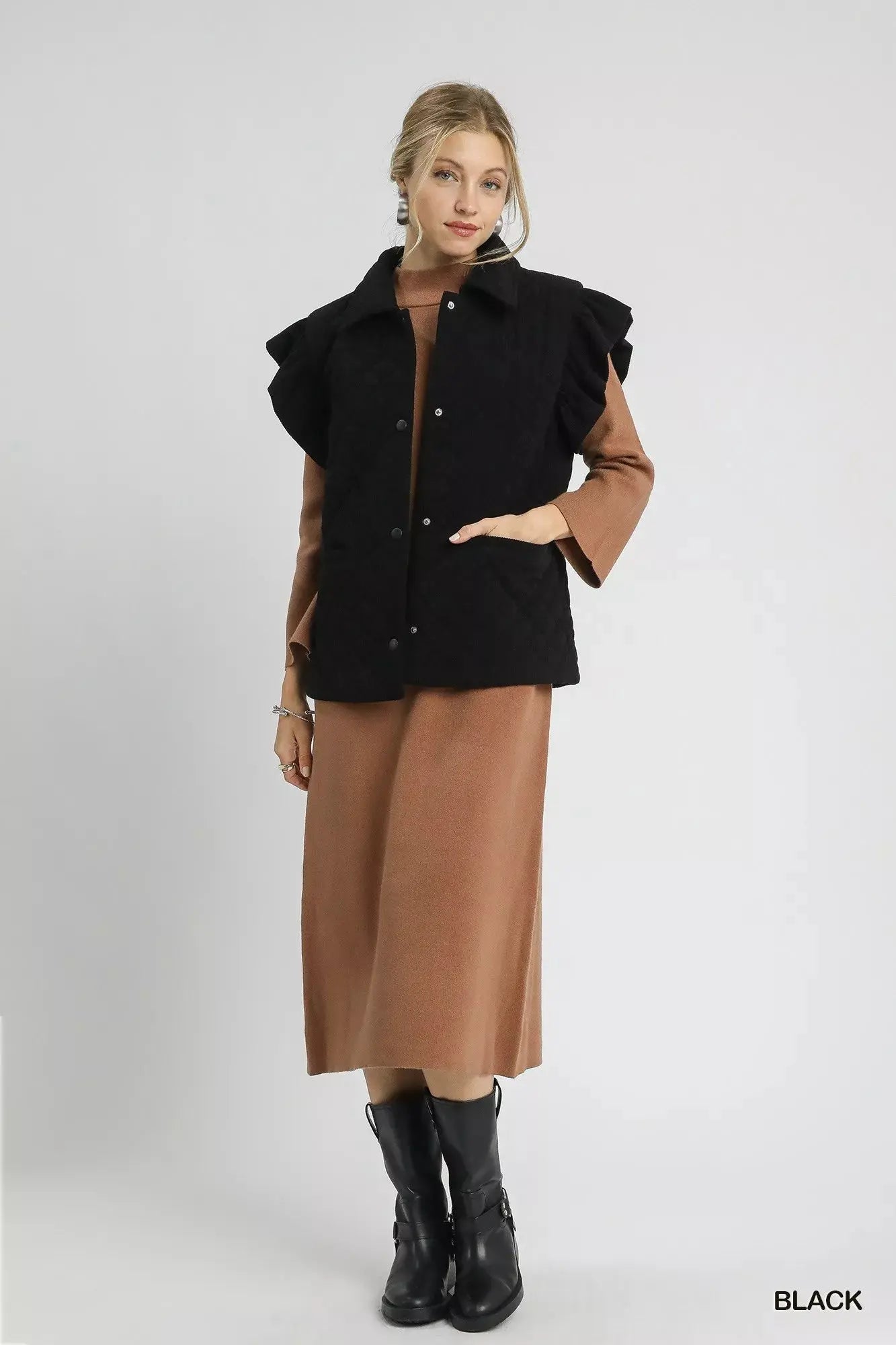 Umgee Corduroy Quilted Ruffle Sleeve Vest  Style Ratio