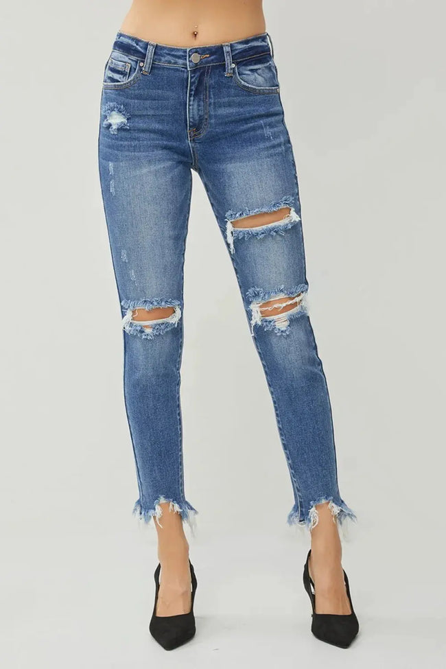 RISEN Distressed Frayed Hem Slim Jeans  Style Ratio