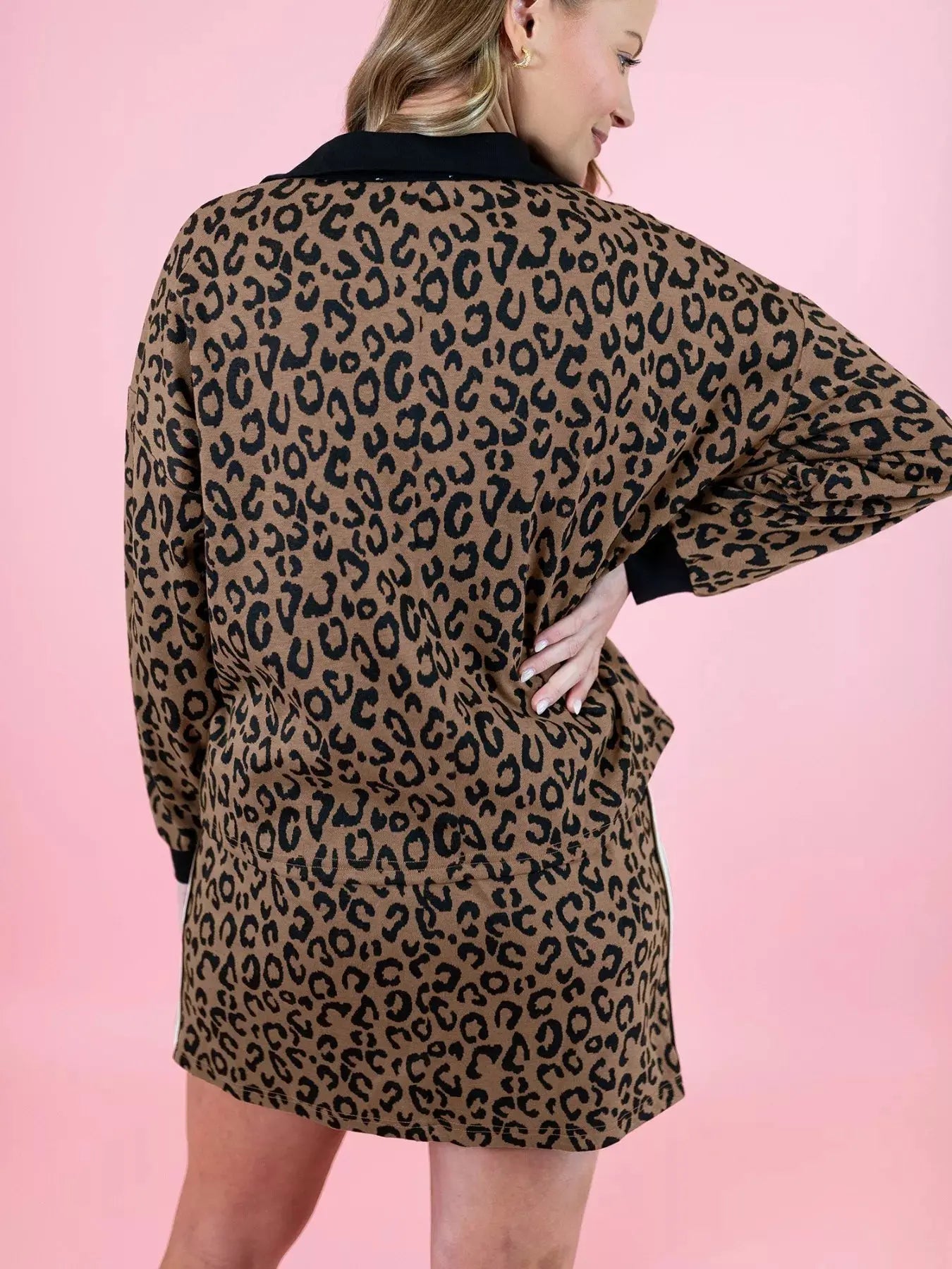 Leopard Print Half Zip Pullover & Drawstring Skirt Set  Style Ratio