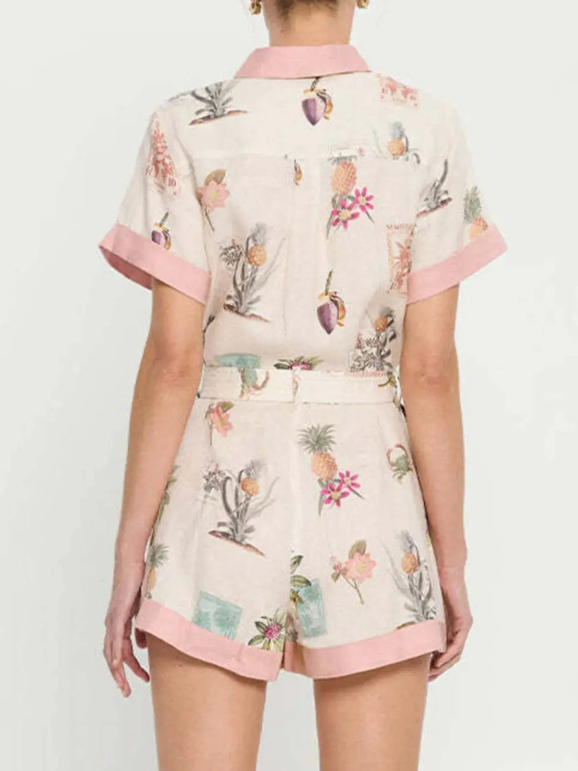 Printed Short Sleeve Romper with Belt  Style Ratio