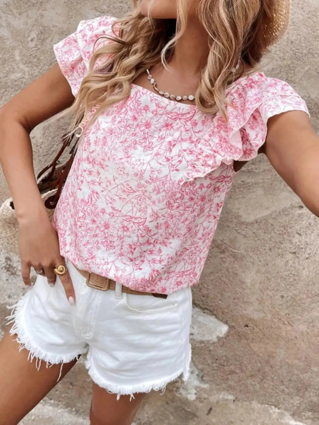 Floral Print Ruffle Trim Blouse  Style Ratio