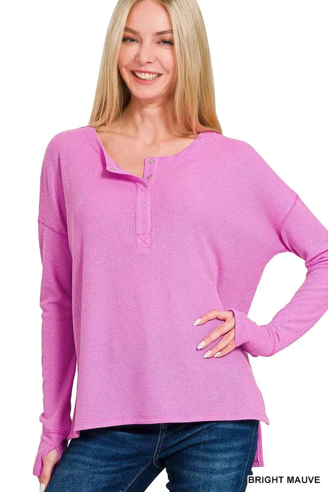 Zenana Waffle Thumb Hole Cuffs Henley Long Sleeve Shirt  Style Ratio