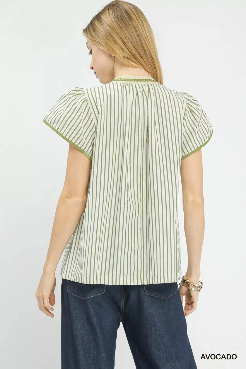 Umgee V-Neck Stripe Top with Lace Trim  Style Ratio