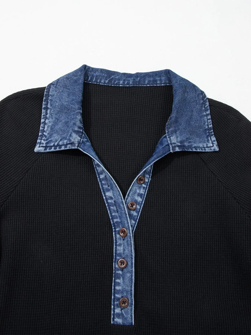 Denim Trim Button Detail Short Sleeve Shirt  Style Ratio