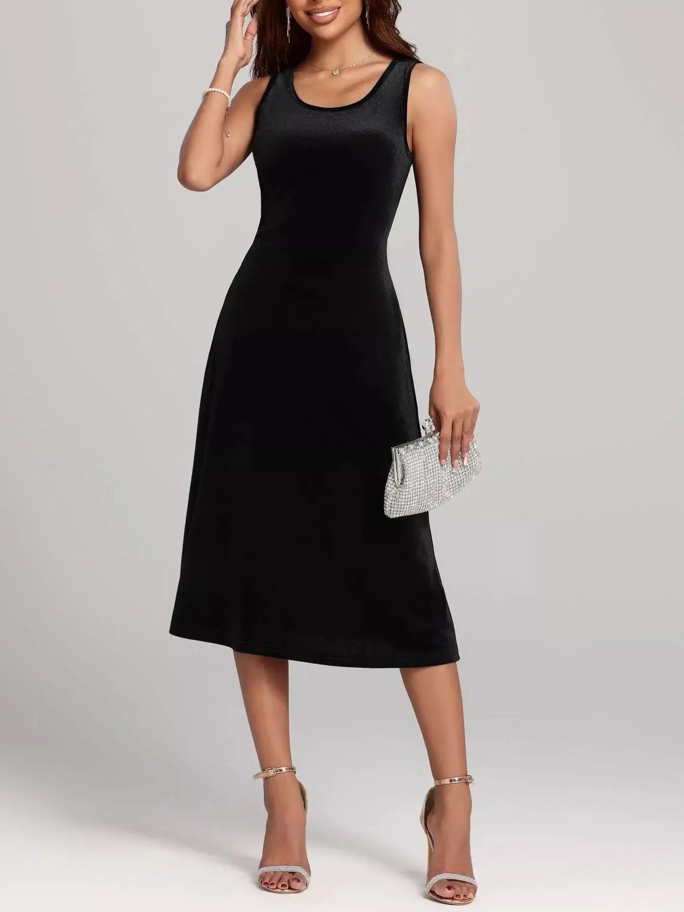 Round Neck Sleeveless Velvet A-Line Midi Dress  Style Ratio
