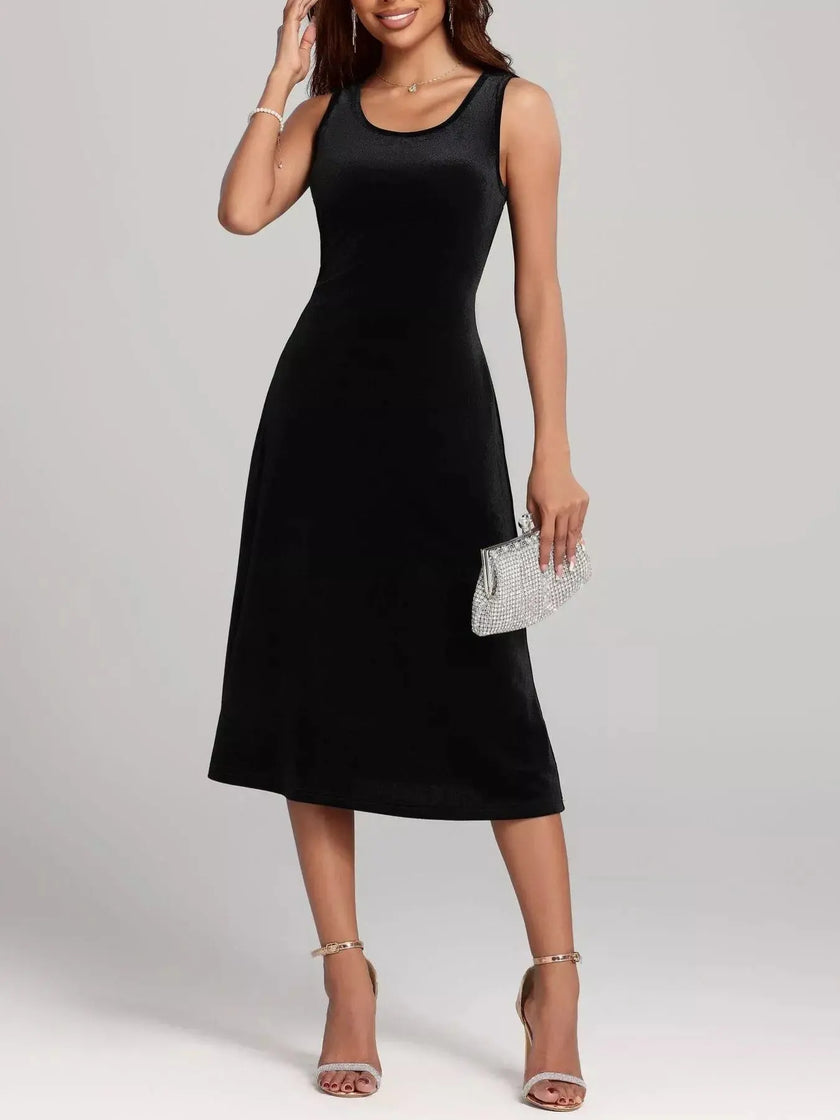 Round Neck Sleeveless Velvet A-Line Midi Dress  Style Ratio