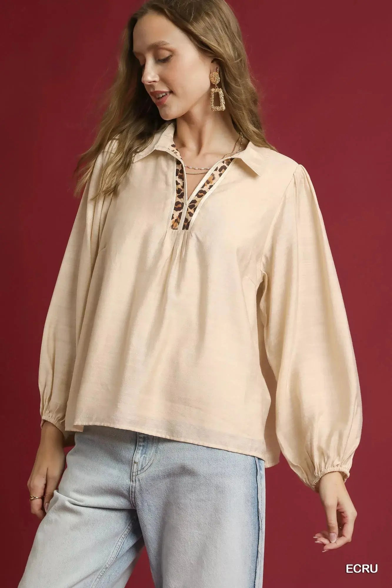 Umgee Long Sleeve Blouse with Leopard Print Trim  Style Ratio