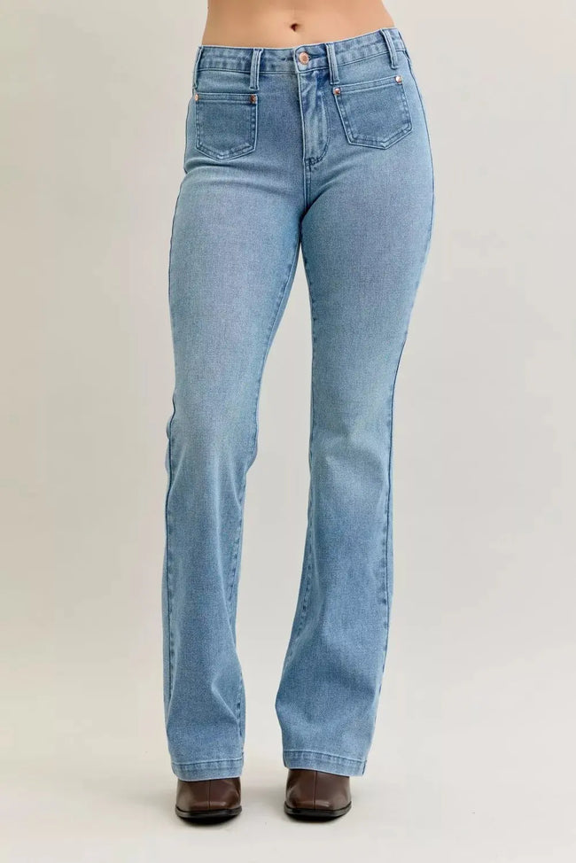 Judy Blue Full Size Mid Rise Bootcut Jeans with Contrast Wash & Front Patch Pockets  Style Ratio