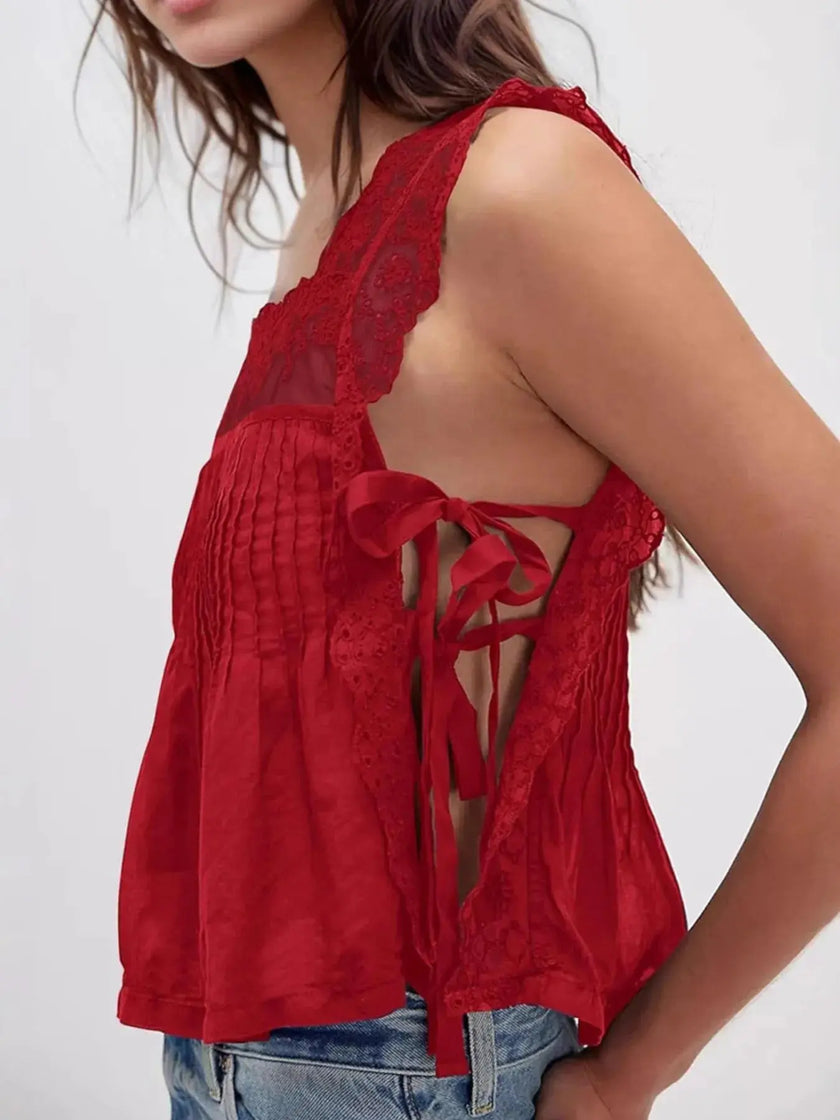 Lace-Trimmed Eyelet Square Neck Top  Style Ratio