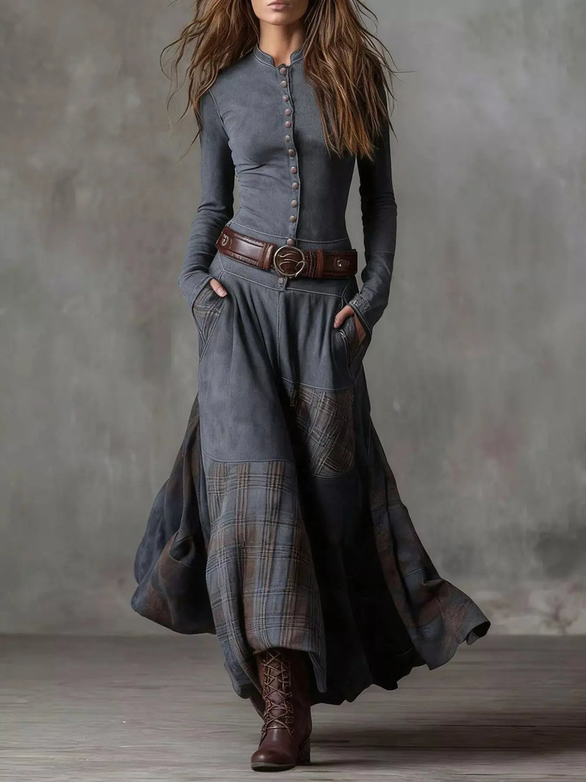 Full Size Plaid Button Front Long Sleeve Dress  Style Ratio