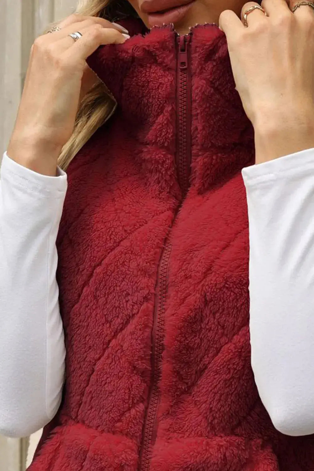 Fuzzy Plaid Texture Zip Up Vest Coat  Style Ratio