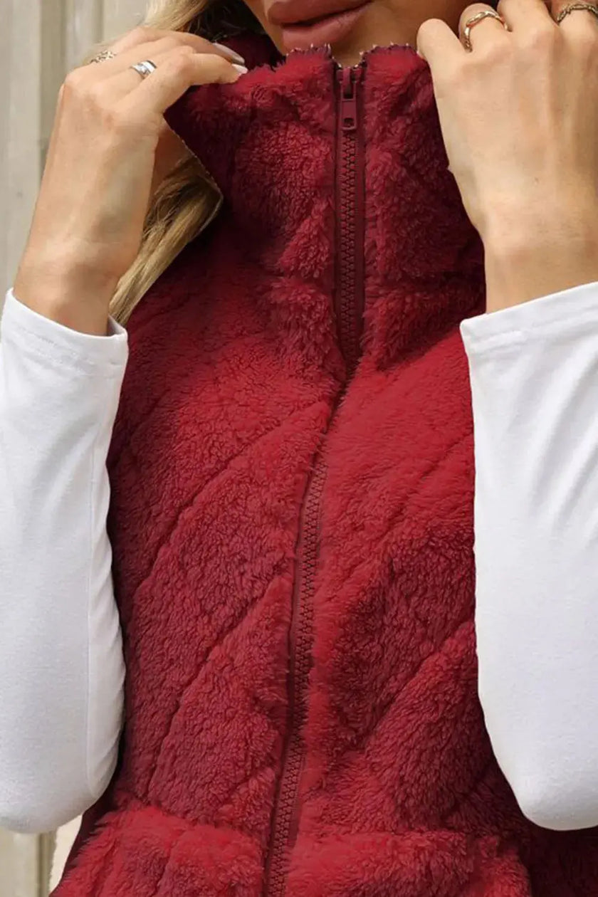 Fuzzy Plaid Texture Zip Up Vest Coat  Style Ratio