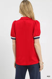 Umgee Puff Sleeve Zip Front Top with Contrast Striped Trim  Style Ratio