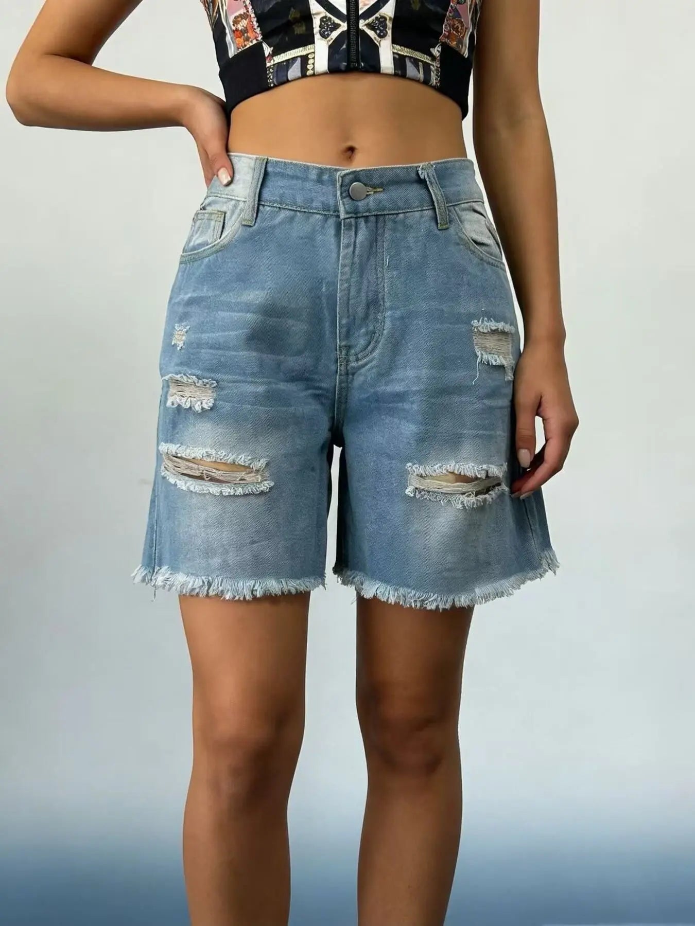 Full Size Ripped Frayed Hem Denim Shorts  Style Ratio
