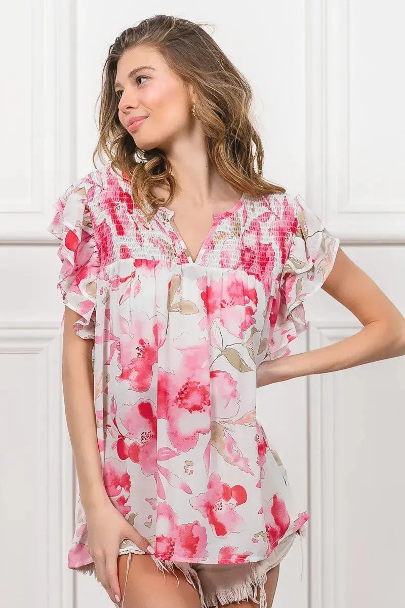 BiBi Floral Print Flutter Sheer Blouse  Style Ratio