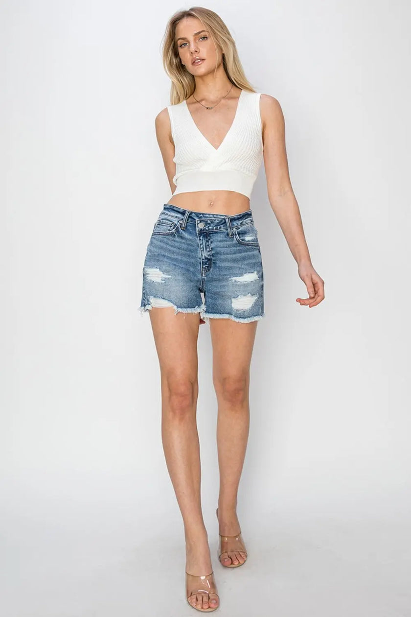 RISEN Stepped Waist Frayed Denim Shorts  Style Ratio