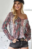 BiBi Snakeskin Print Low Gauge Hacci V Neck Long Sleeve Top  Style Ratio