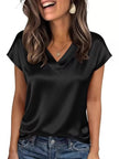 Satin V-Neck Short Sleeve Blouse  Style Ratio