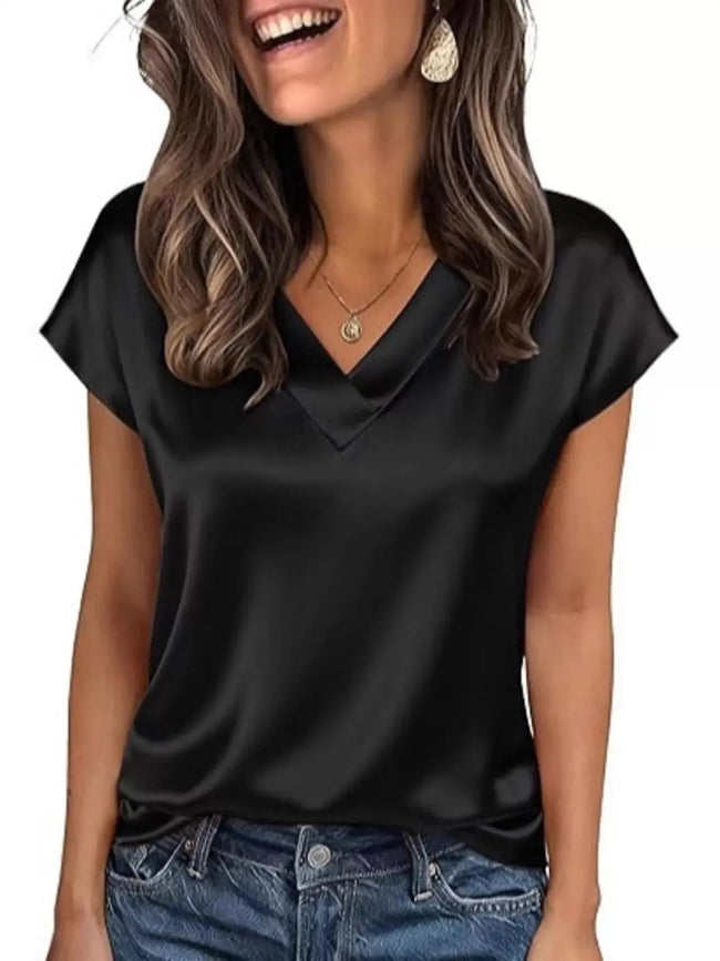 Satin V-Neck Short Sleeve Blouse  Style Ratio
