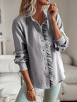 Striped Ruffle Detail Button-Up Blouse  Style Ratio