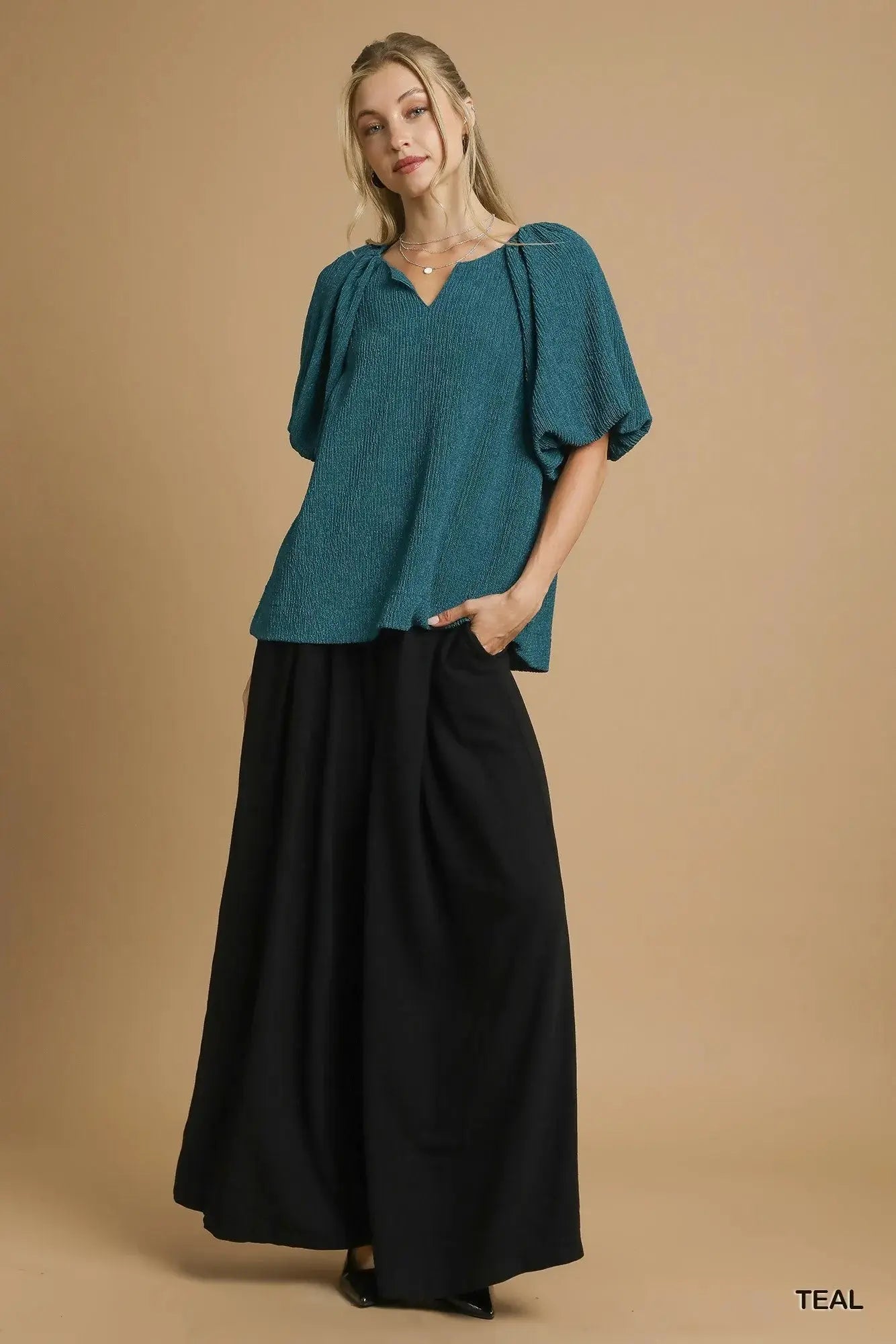 Umgee Textured Flutter Sleeve Notch Neck Blouse  Style Ratio