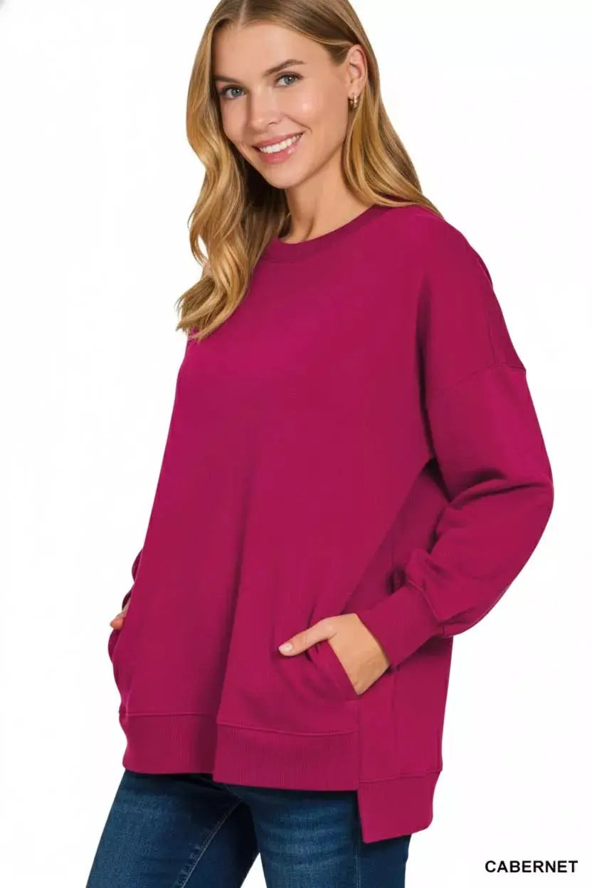 Zenana Fleece Hi-low Boyfriend Sweatshirt with Pockets  Style Ratio