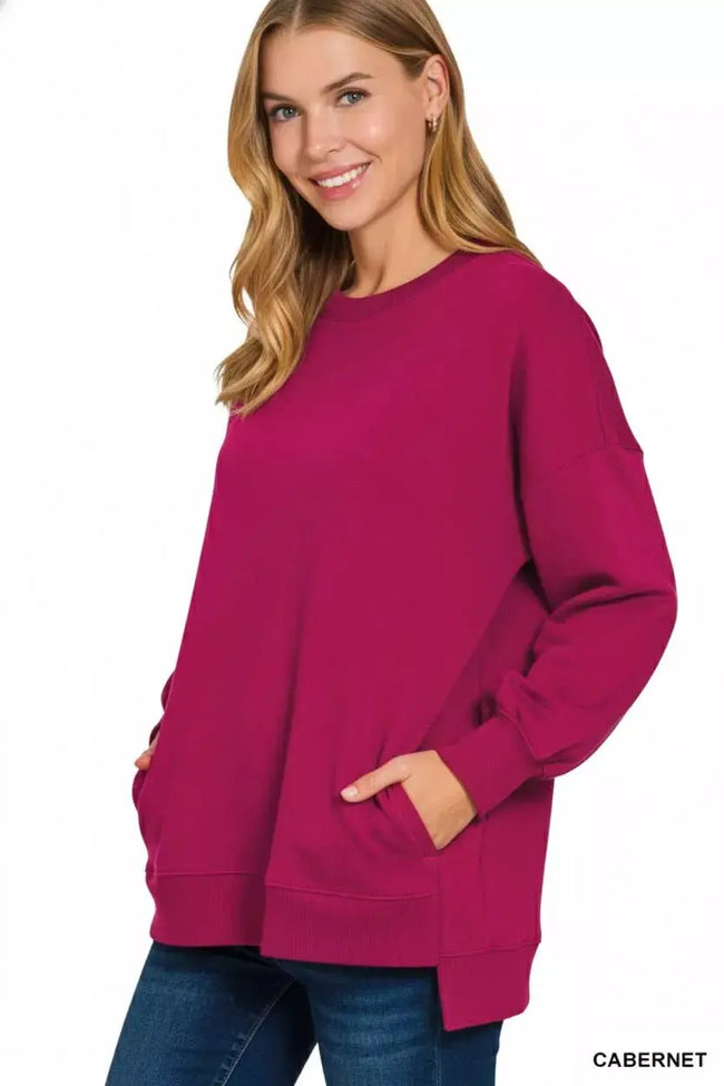 Zenana Fleece Hi-low Boyfriend Sweatshirt with Pockets  Style Ratio