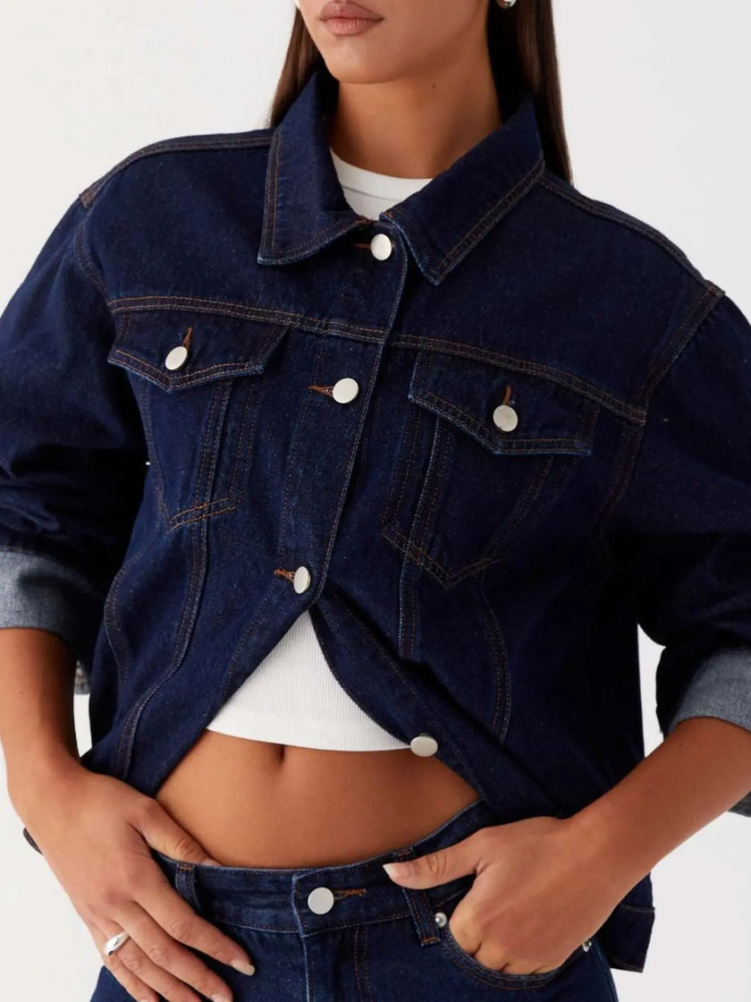 Button Down Cropped Oversized Denim Jacket  Style Ratio