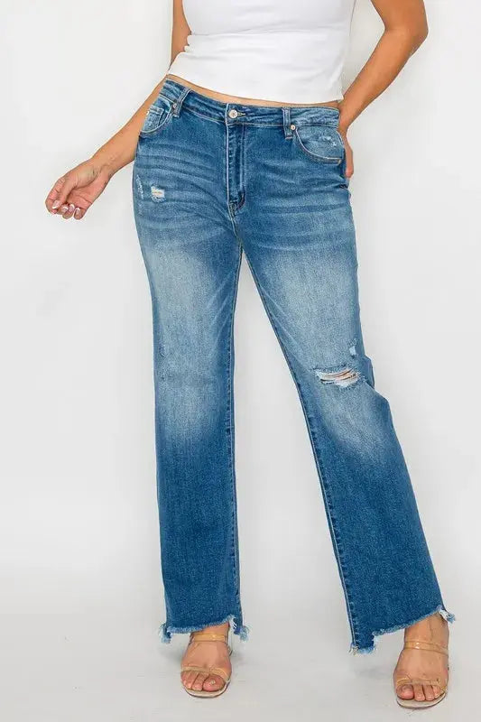 bytos Full Size Raw Hem Distressed Mid Rise Straight Jeans  Style Ratio
