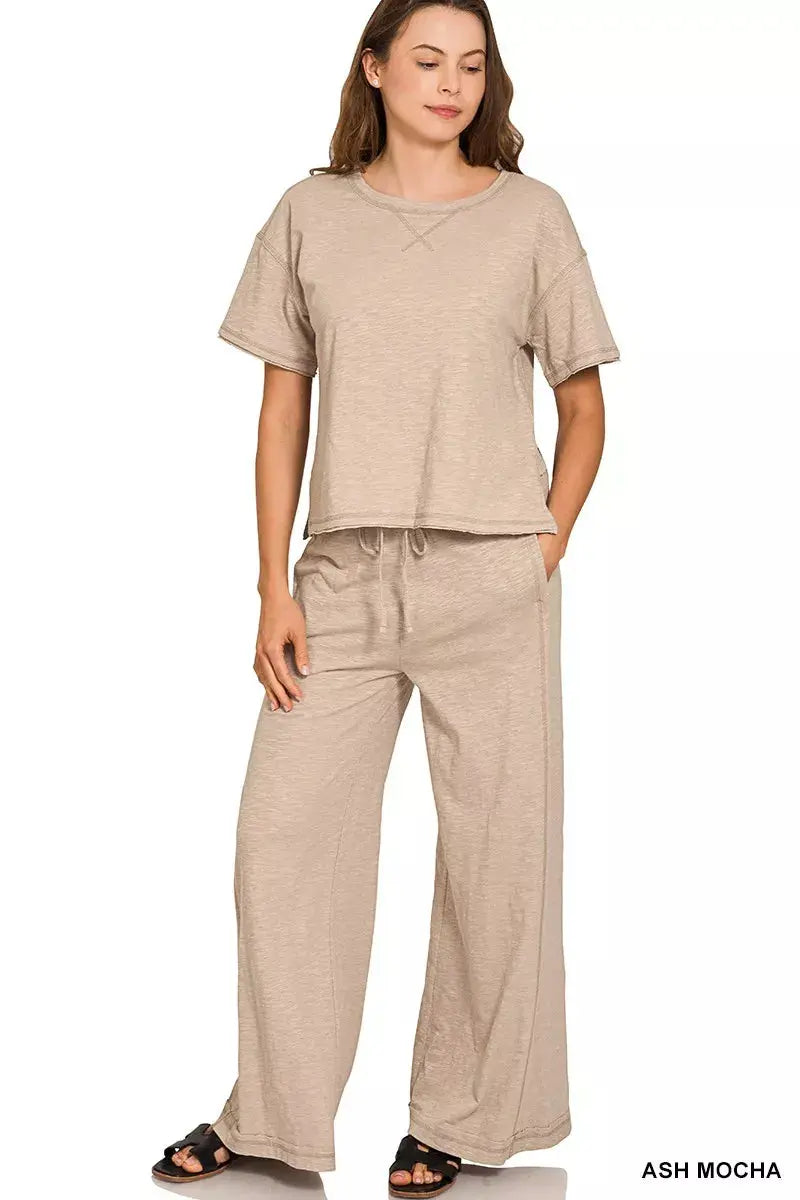 Zenana Cotton Slub Short Sleeve Tee and Pants Set  Style Ratio
