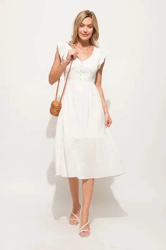 And The Why Ruffle Sleeve Front Smocked Tiered Midi Dress  Style Ratio