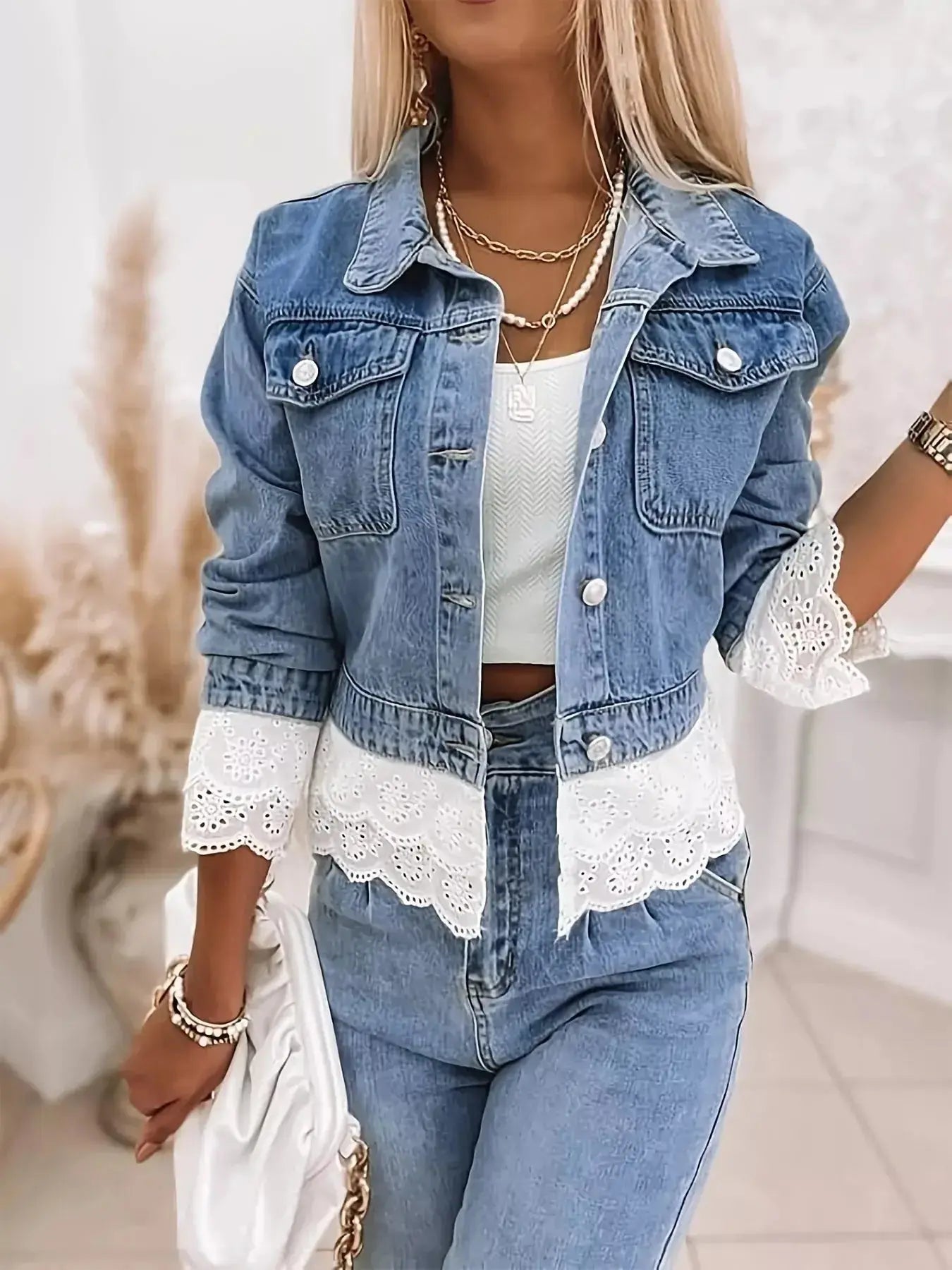 Cropped Denim Jacket with Lace Trim  Style Ratio