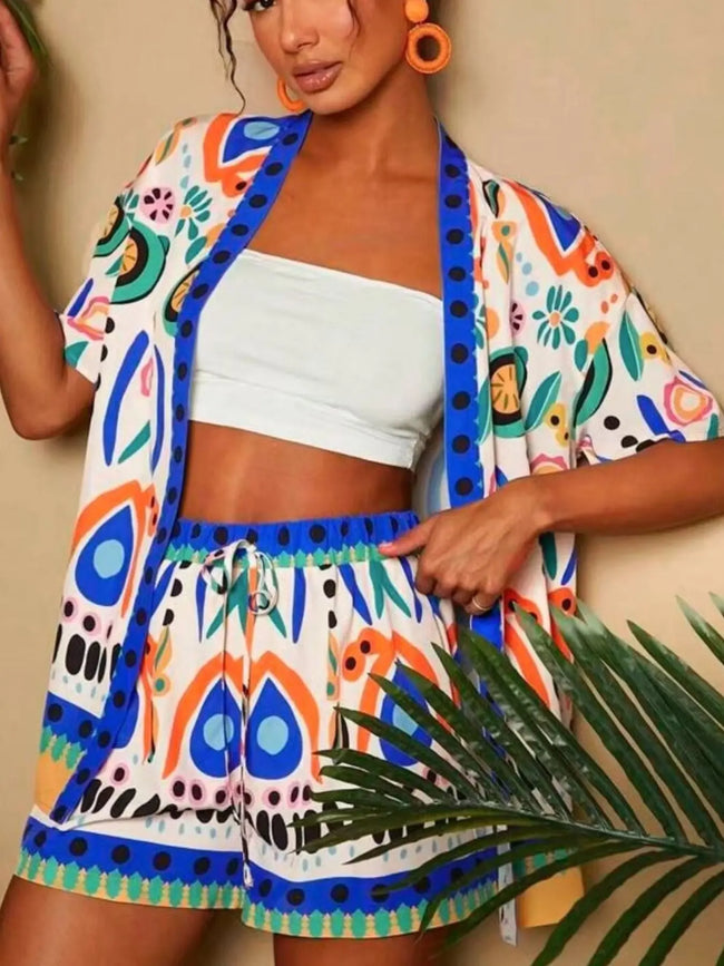 Printed Open Front Cardigan and Shorts Set  Style Ratio