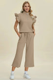 Double Take Full Size Texture Ruffle Short Sleeve Top and Wide Leg Pants Set  Style Ratio