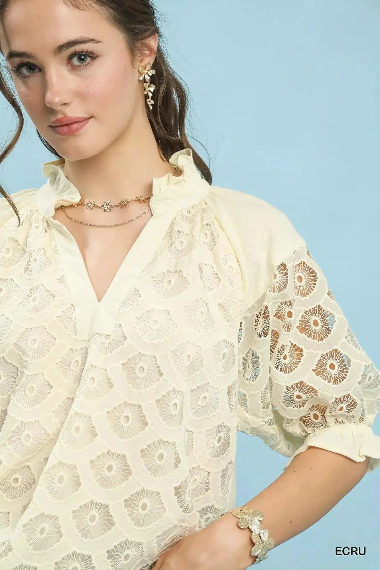 Umgee Linen V-Neck Lace Puff Sleeve Top  Style Ratio