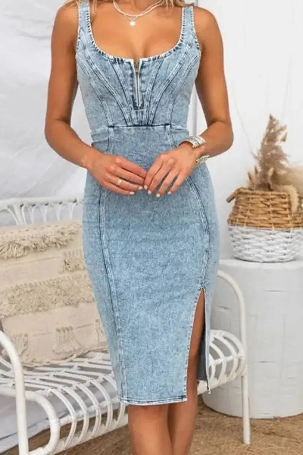 Side Slit Washed Scoop Neck Denim Dress  Style Ratio