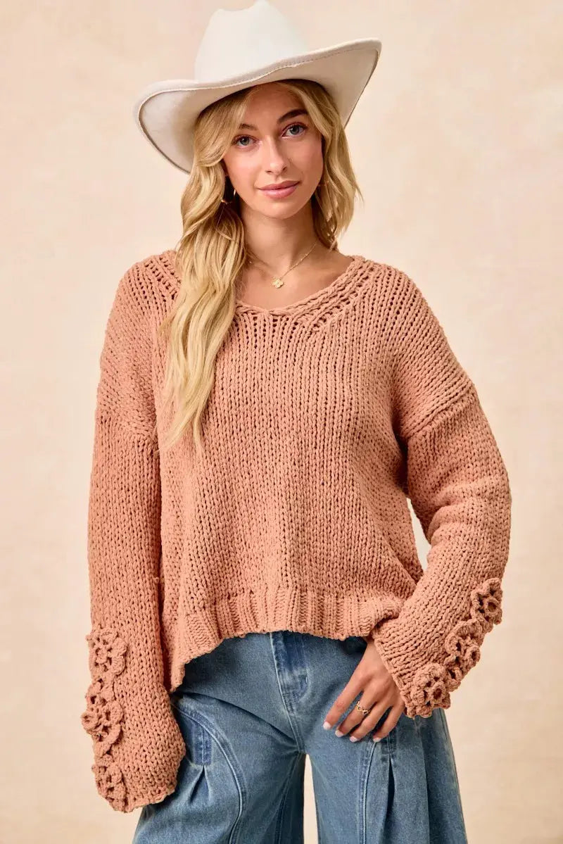 BiBi Chunky Knit Sweater with Flower Detail Sleeves  Style Ratio