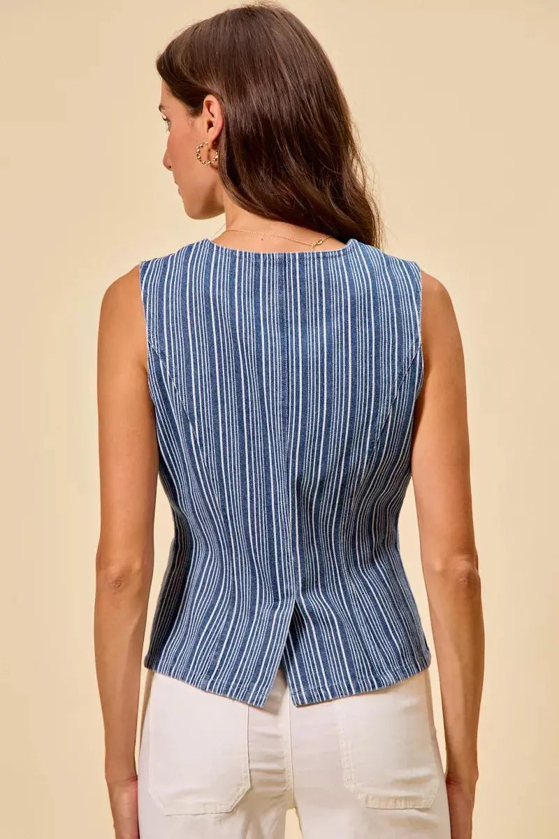 SO ME Stripe Slim Fit Button Front Denim Vest Top  Style Ratio
