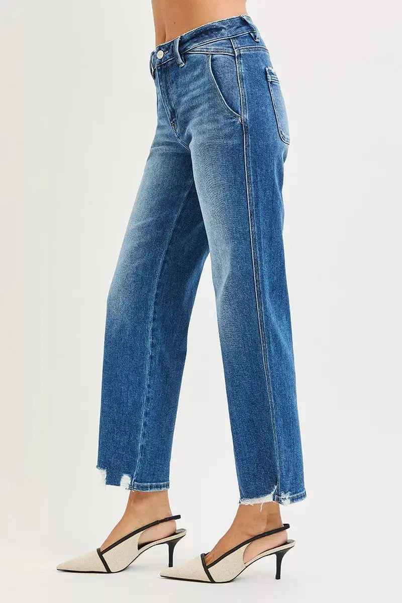 RISEN High Rise Ankle Straight Distressed Hem Detail Jeans  Style Ratio