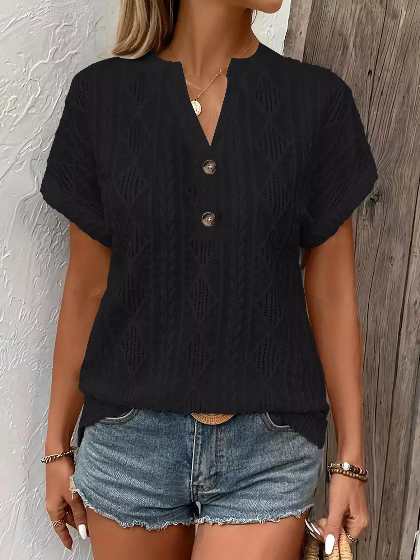 Diamond Pattern Short Sleeve Top  Style Ratio