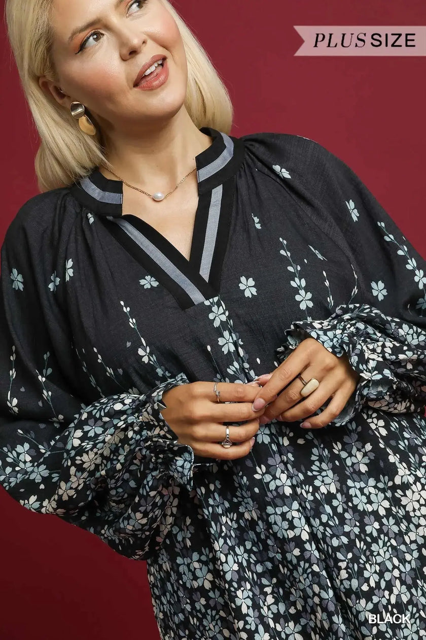 Umgee Full Size Floral Vine Print Blouse with Balloon Sleeves  Style Ratio