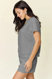 Double Take Full Size Texture Short Sleeve T-Shirt and Drawstring Shorts Set  Style Ratio
