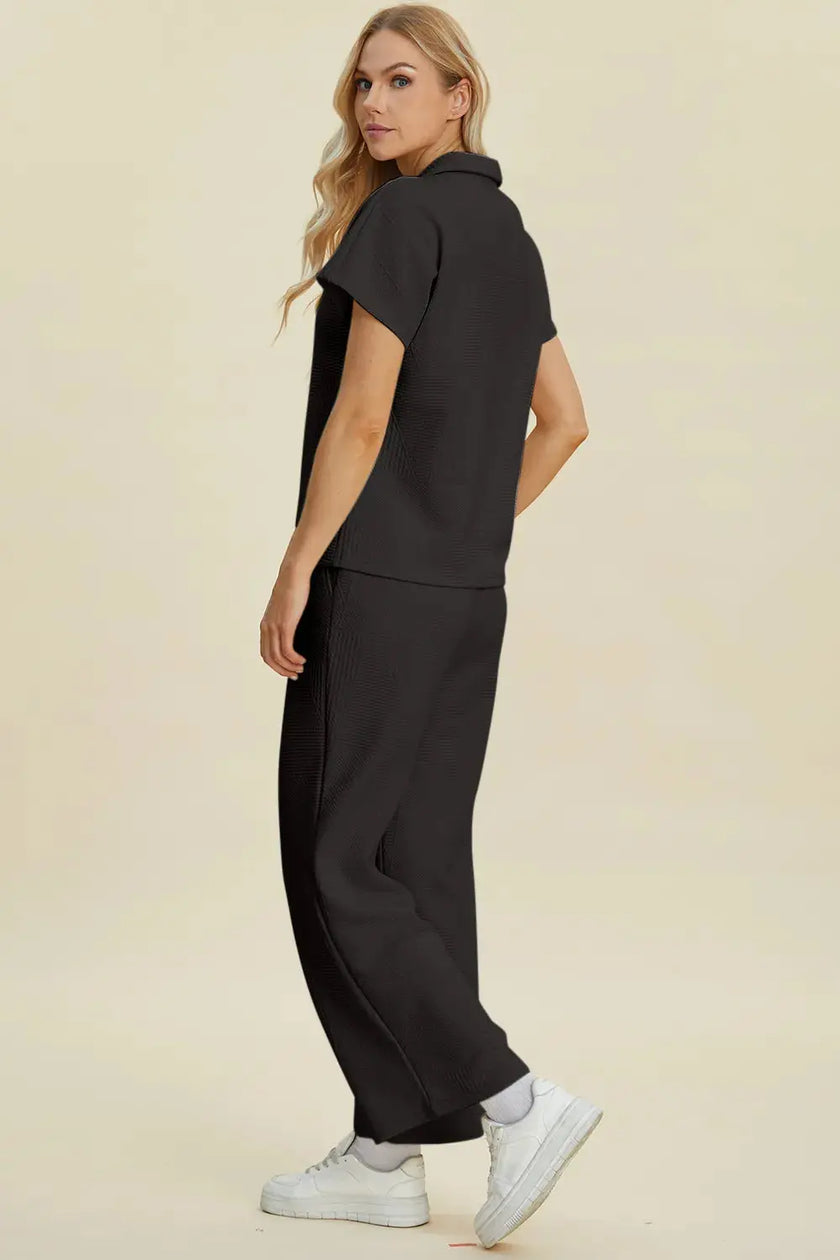 Double Take Collared Neck Short Sleeve Top and Pants Set  Style Ratio