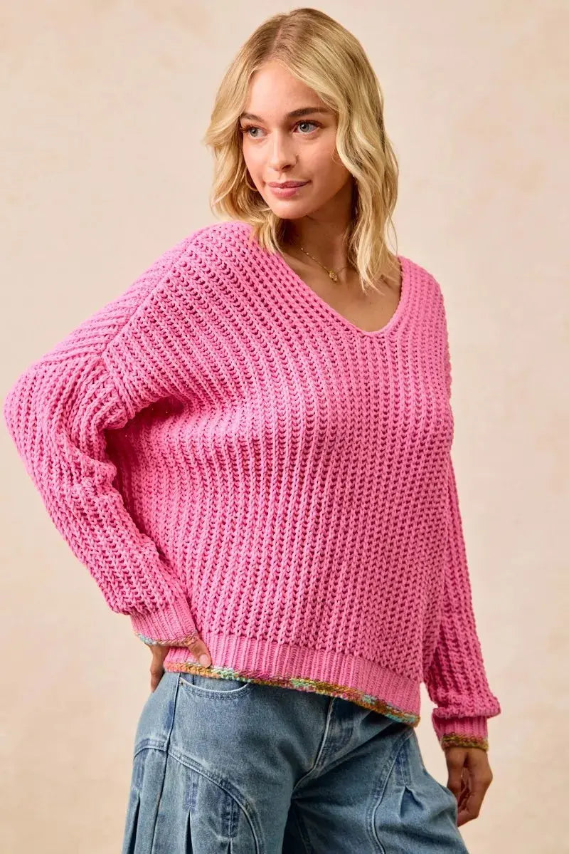 BiBi V Neck Sweater with Colorful Trim  Style Ratio